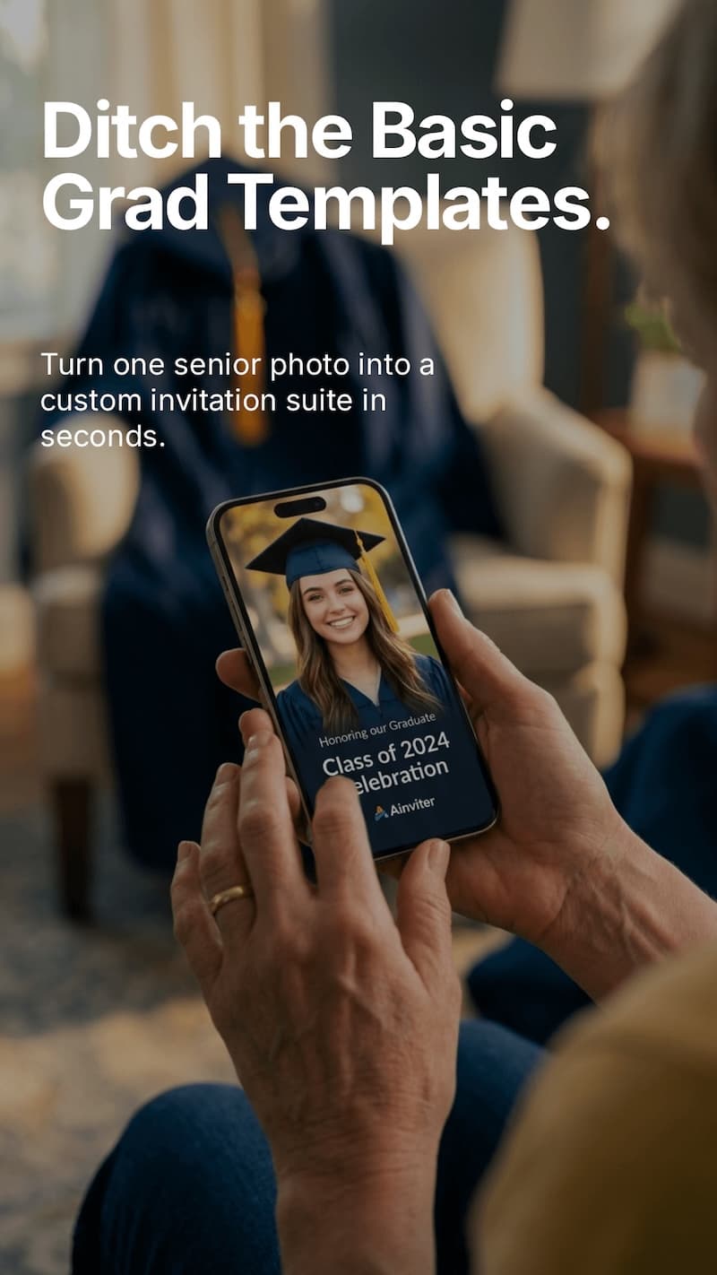 Ainviter graduation invitation maker β turn one senior photo into a custom AI-designed invitation suite in seconds